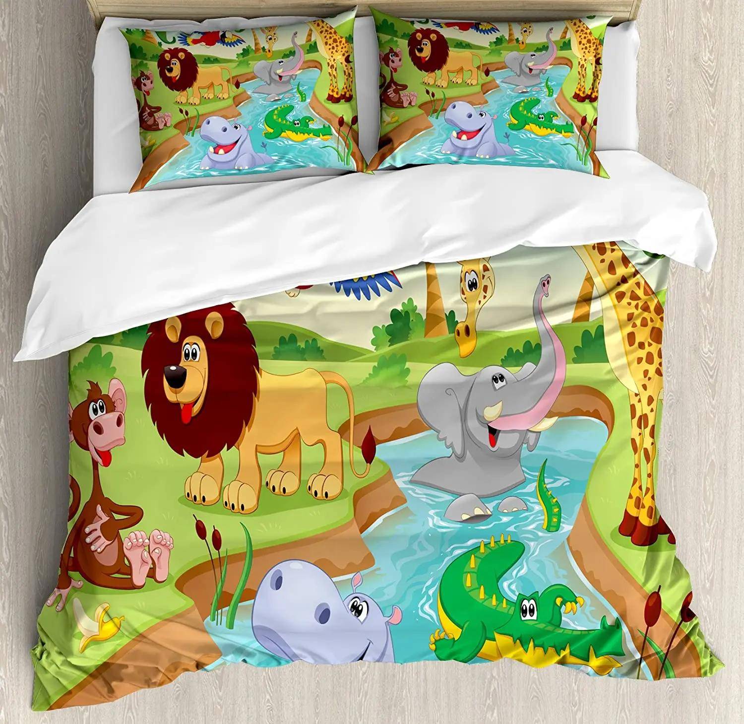 3pcs Bedding Set Forest Animal Cartoon Fox Deer Bear Home Textile Duvet Cover Pillow Case Boy Kid Teen Girl Bedding Covers Set EU single(135x200cm)