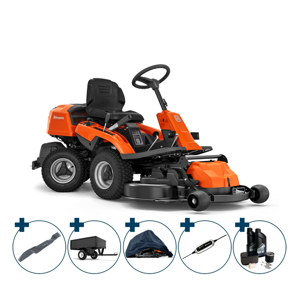 Husqvarna R 214TC med Comfort Sæde Frontklipper, 103 cm. inkl. fri levering, montering og klargøring + overtræk, batterilader, servicekit, ekstra knivsæt og trailer.