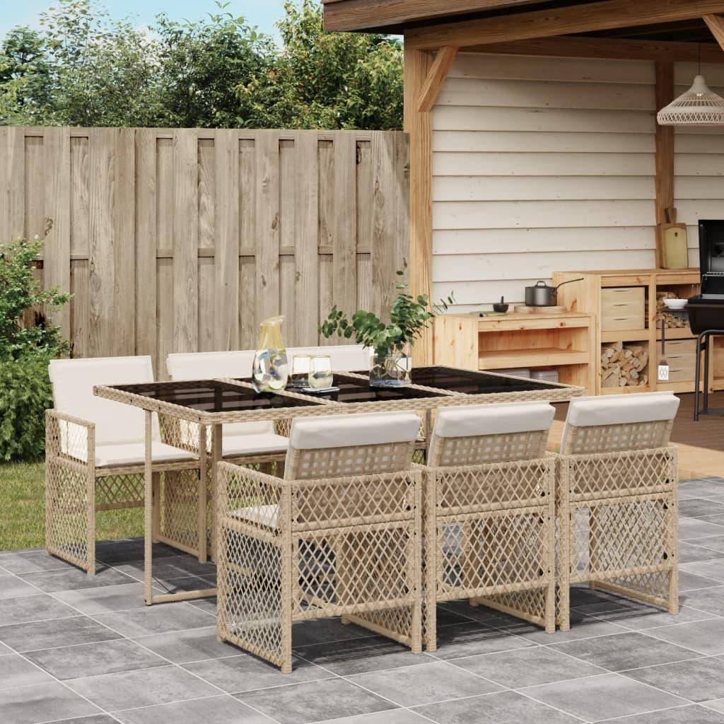 Spisebordssæt til haven i polyrattan - 7 dele med hynder, beige