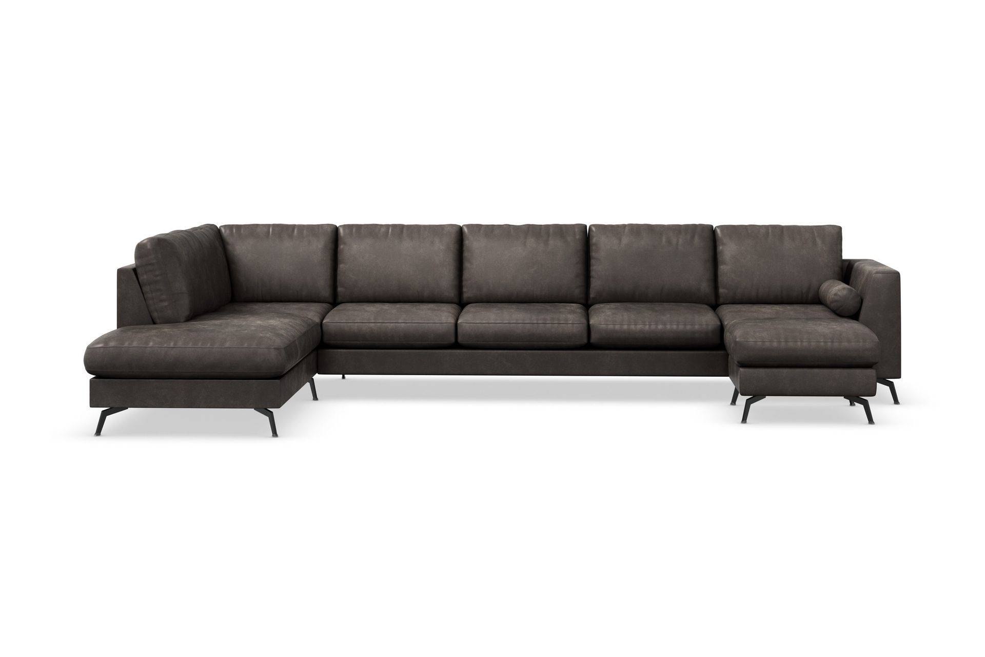 Scandinavian Choice Ocean Lyx 6-sits Vänstervänd U-formad Soffa med Divan och Schäslong + Fotpall i Konstläder - Mörkgrå U-soffa Svart Läder