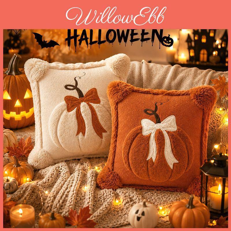 Halloween Broderad Pumpa Kuddfodral Med Fjärilsrosett För Soffdekor