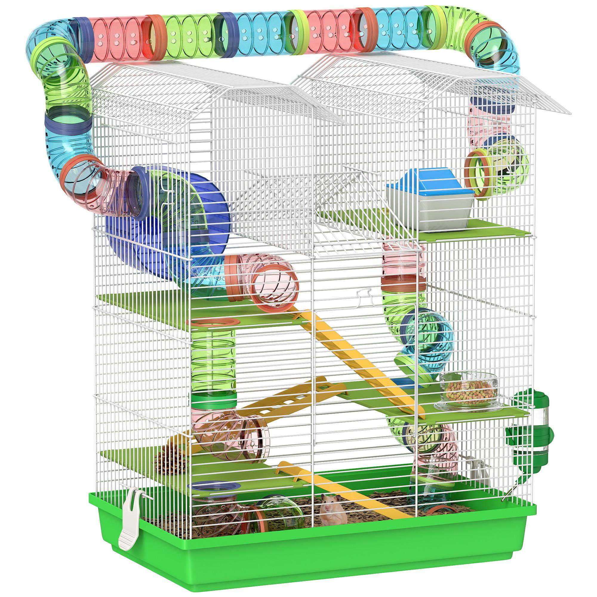 Bur för hamster mus smådjur gnagare med tunnel matare hjul leksak 47 x 30 x 59 cm grön