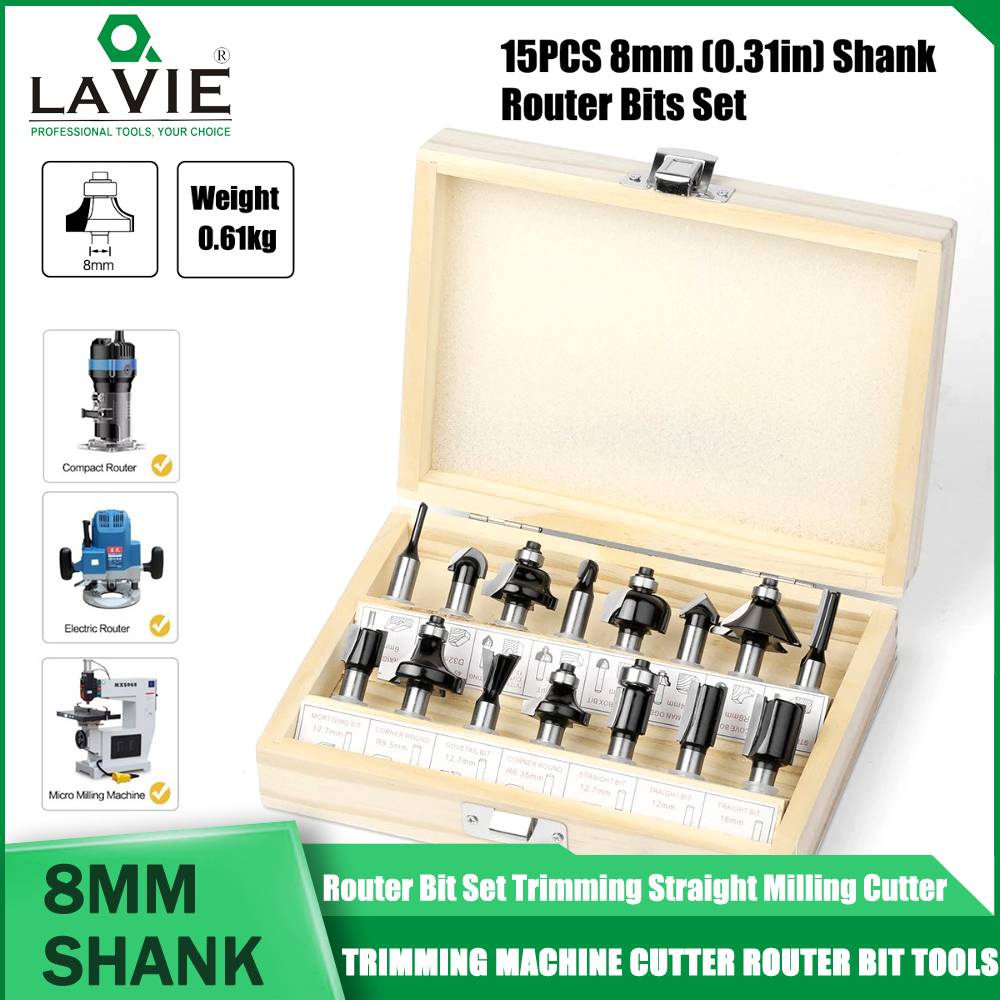 LAVIE 15PCS 8mm Shank Router Bit Set Trimming Straight Milling Cutter for Wood Bits Tungsten Carbide Cutting Woodworking 예초기커터날