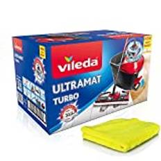 Vileda Ultramat Turbo komplett set, golvmopp och hink med powerspinner + extra mikrofiberrengöringsdukar