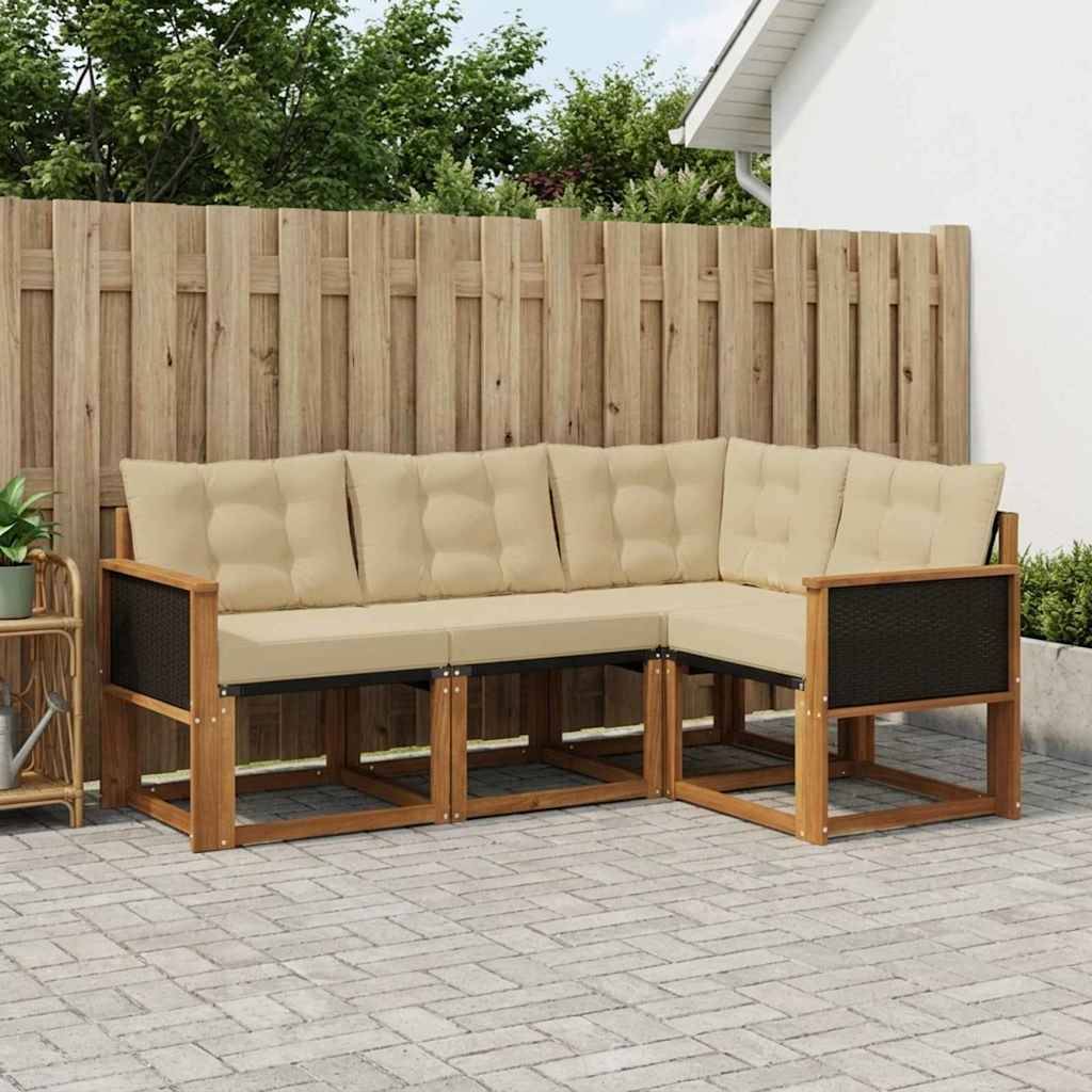 Udendørs Sofagruppe Med Pude 4 Dele - Naturlig og beige / Sort rattan.