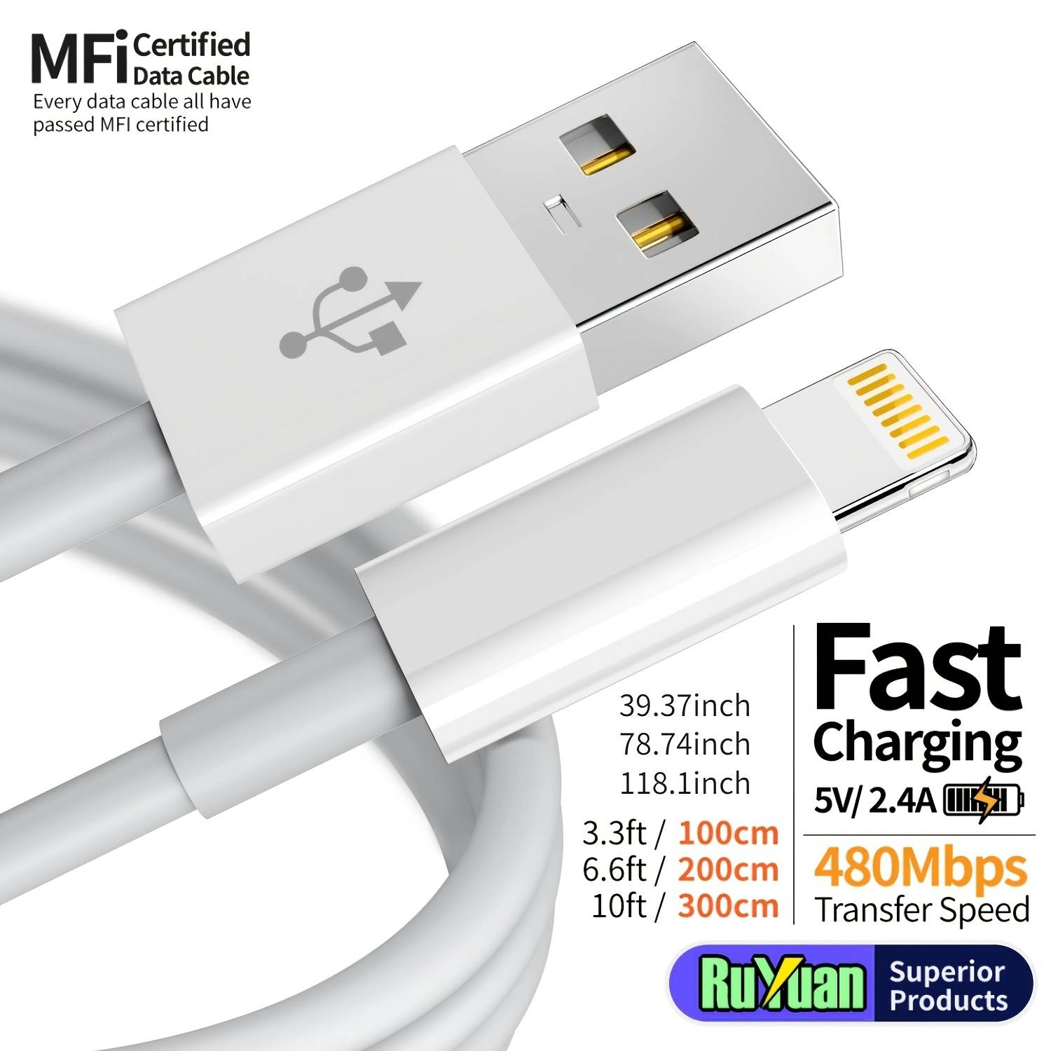 Data Cable Usb To Lightning Fast Charging Cable For Iphone 14/13/12/11/x/8/7/7plus/6/6s/5 For Ipad 3ft/6ft/10ft Extended Cable