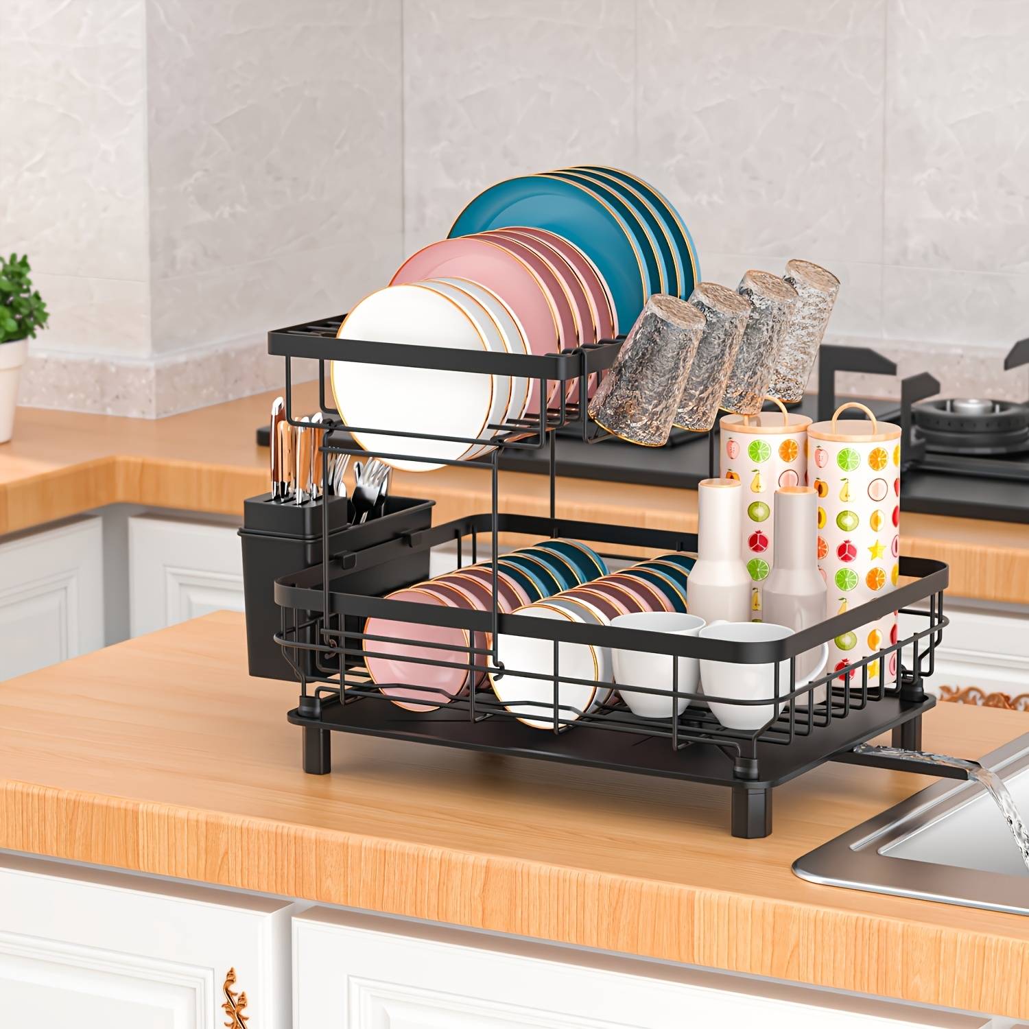 Cutlery Rack, Dish Rack, Kitchen Storage Rack, Commercial Cutlery Rack, Double-layer Dish Drying Rack With Drainage Board, Equipped With Cutlery And Cup Holders, In Black
