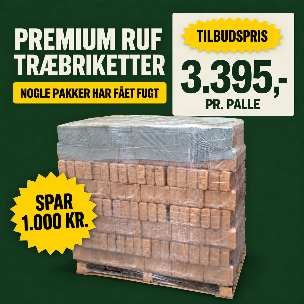 Premium træbriketter RUF. 960 Kg (Fugtige)