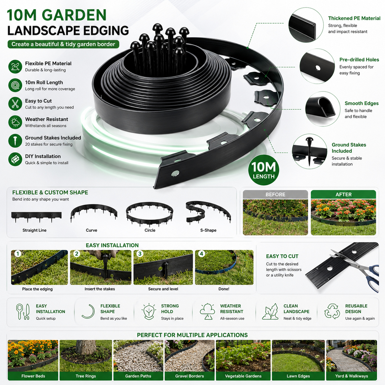 10M Flexible Garden Lawn Edging Border with Ground Stakes DIY PE Landscape Edging Roll for Flower Beds, Tree Rings, Garden Paths & Yard Landscaping