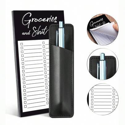 Inköpslistor Rolig Memo Notepad Magnet Kylskåp Anteckningsblock med 1 bit pennhållare Magnetisk Pu Läder Markeringspåse -För shopping och att göra-lis - Svart (En-Storlek)