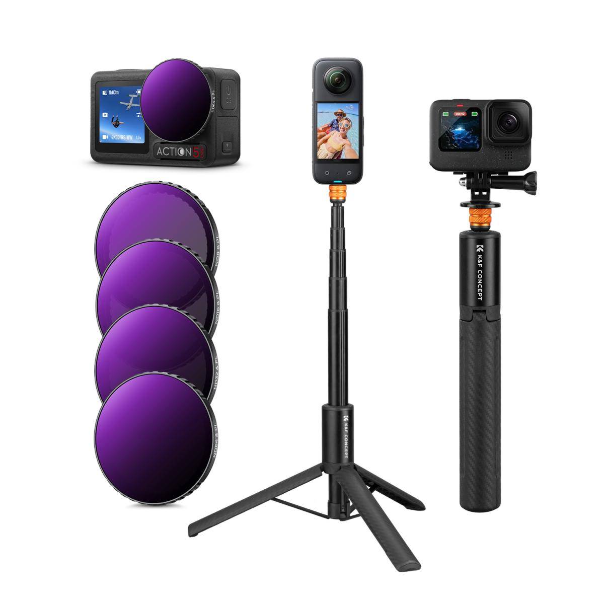 KENTFAITH DJI Osmo Action 4 / Action 5 PRO ND/PL Filter and Selfie Stick Kit, 4 Pack (ND8&PL + ND16&PL + ND32&PL + ND64&PL) Optical Glass Filters with Multi-Layer Coating Neutral Density Polarizing Multi-Function Filters and Portable 2-in-1 Tripod