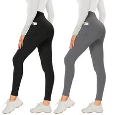 AMIYOYO 2er Pack Leggings für Damen High Waist Leggins Blickdicht Elastische Bauchweg Hosen Weiche Sporthose für Yoga Fitness Outdoor Freizeit(Schwarz+Dunkelgrau,S-M=DE34-40)