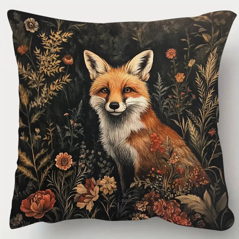 1pc Forest Fox Floral Pillow Cover- Double-sided Short Plush, 45.72cm X 45.72cm Cm, Style, Zipper, Perfect For Sofa, Living Room, Bedroom Decoration(no Insert), Decorative Pillow