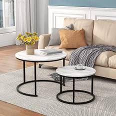 HOJINLINERO Svart runt soffbord set med 2 sidobord för vardagsrum, häckbord, industriellt staplingsbord, marmormönster med metallram, ändbord för sovrum/litet utrymme, vitt