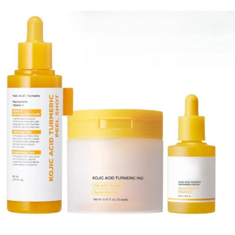 Kojic Acid Turmeric Face Body Skin Care Trio Set Pads & Peeling Serum & Niacinamide Serum