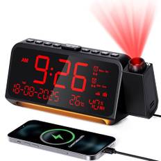Digital väckarklocka, projektionsväckarklocka, FM-radio och automatisk avstängningstimer, 320° projektor med dimmer, helgutläge, dubbelt larm, temperatur och luftfuktighet, väckarklocka ljud med