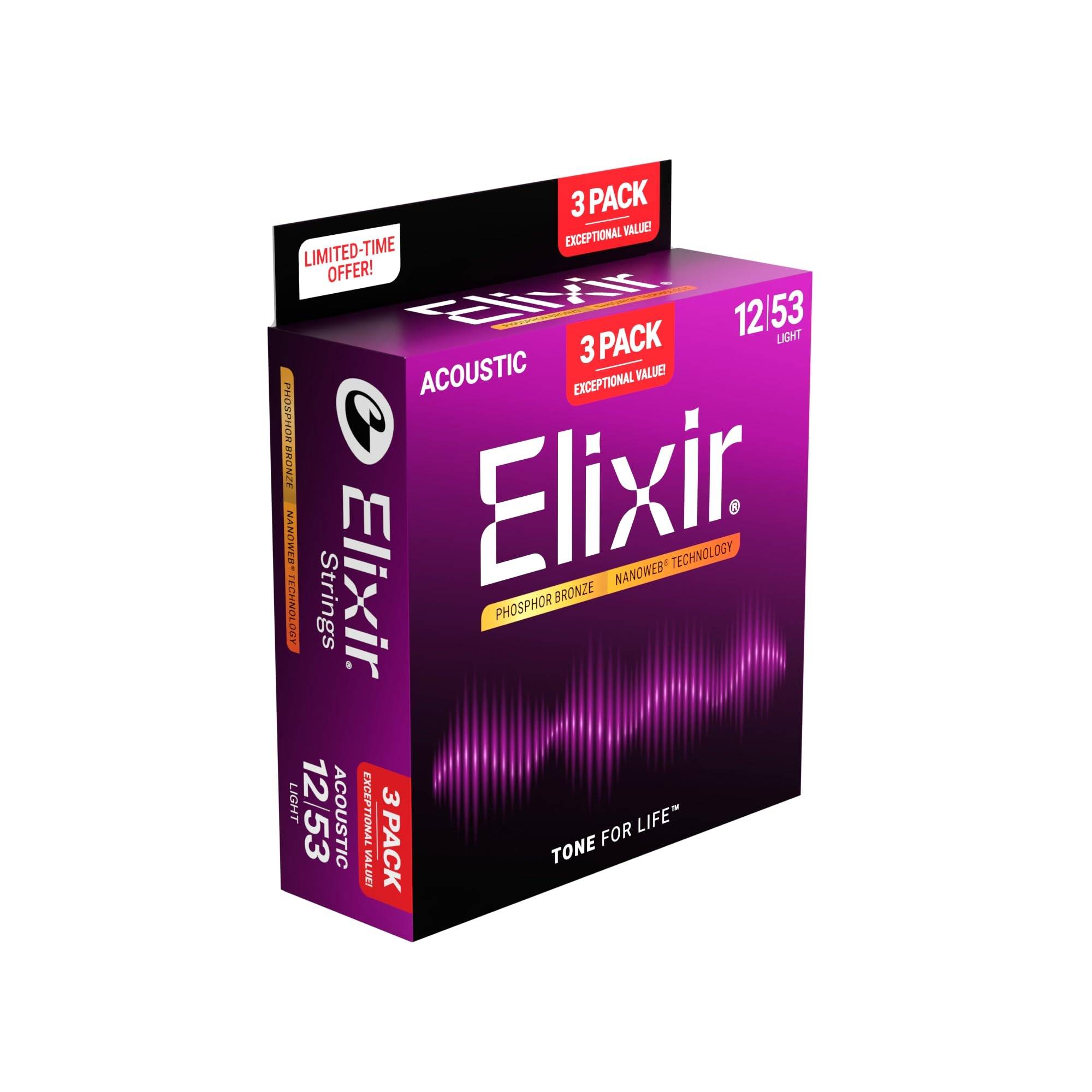 Elixir Acoustic Guitar Strings, 3-Pack Promotional Pack, NANOWEB Phosphor Bronze Light, .012-.053 #16569 (16052, 3-Pack) [Official Japanese Product]