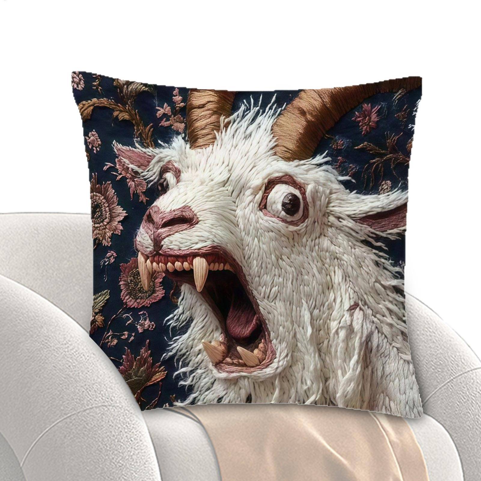 Skrikande get Örngott, 45X45cm, Hemsoffa Broderat Kort Plysch Kuddfodral, Varm Gåva Till Familjen, 2D Tryckt