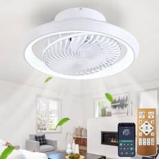 TJSC Led Takfläkt med Belysning och Fjärrkontroll Ø 49cm, 360° Graders Rotation, Tyst Fläktljus med Fjärrkonreoll och APP, Steglös Dimning Ledda Taklampa, Timer, för Vardagsrum Sovrum, Vit