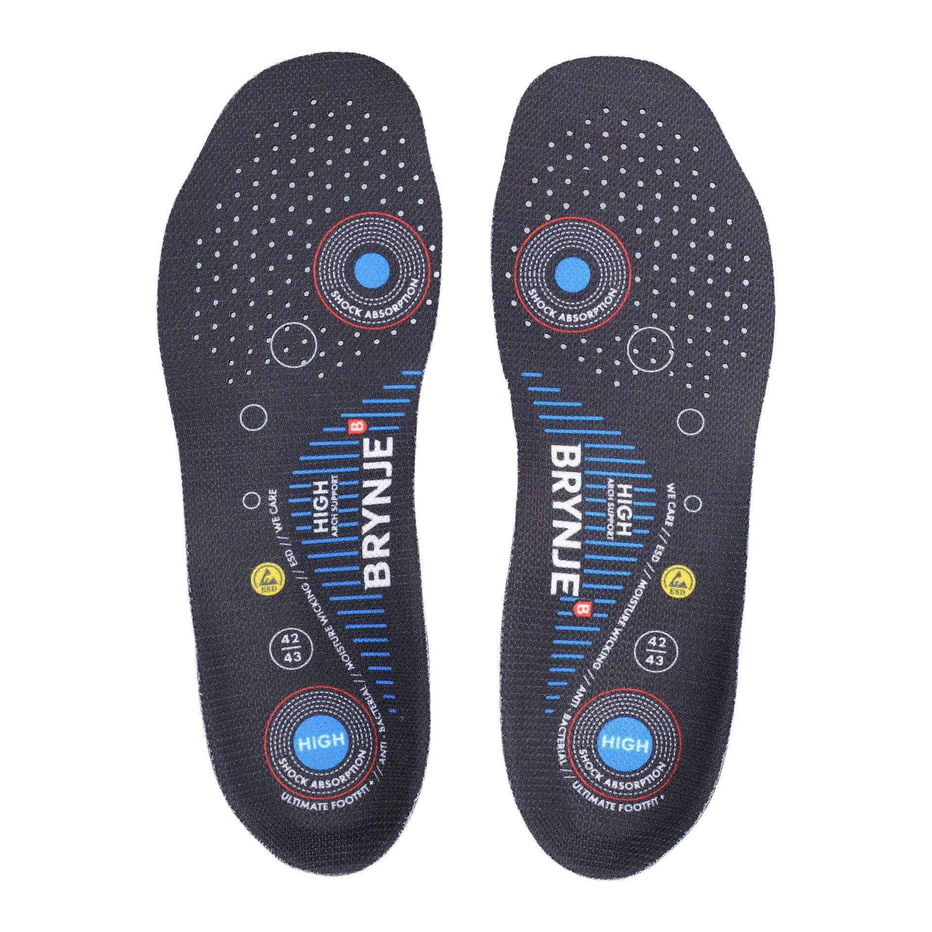 BRYNJE® High Arch Support (blå) Ultimate Footfit+ Svangstøttende ESD indlægssål Str. 42/43.