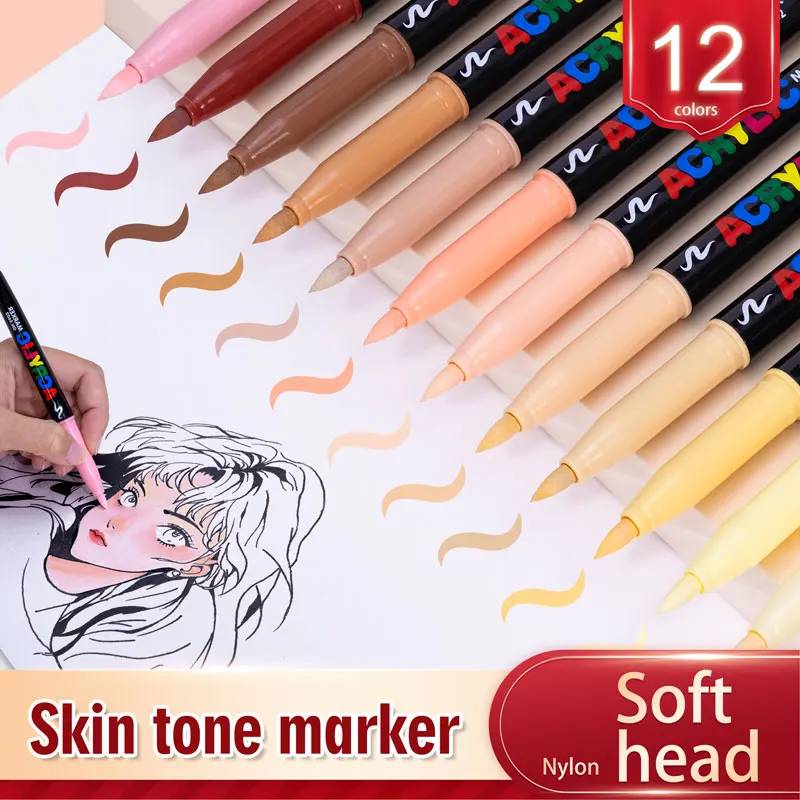 GN 12 Skin Acrylic Paint Marker Pens,Soft Brush Nib Skin Tones Art Markers for Rocks Tiles Ceramic Wood Painting Art Supplies