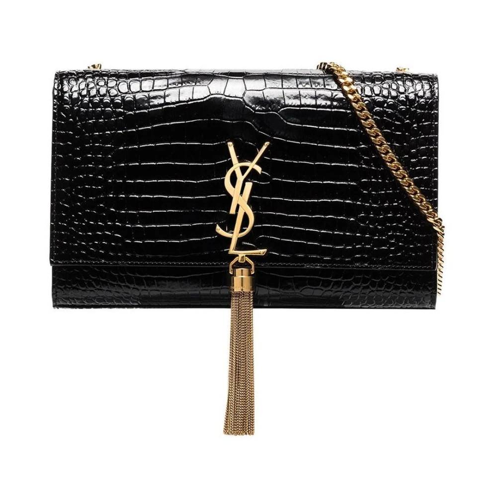 Saint Laurent Kate Medium Taske i krokodillepræget læder med kvast - Tasker - Dame - Sort - ONE SIZE - Læder