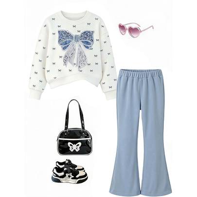 2-delat set för ung flicka med avslappnad minimalistisk stil, söt texturerad fjärilsprint i sweet cream-stil, bekväm sweatshirt med rund hals och lång - Multifärgad (6Y,7Y,4Y,5Y)