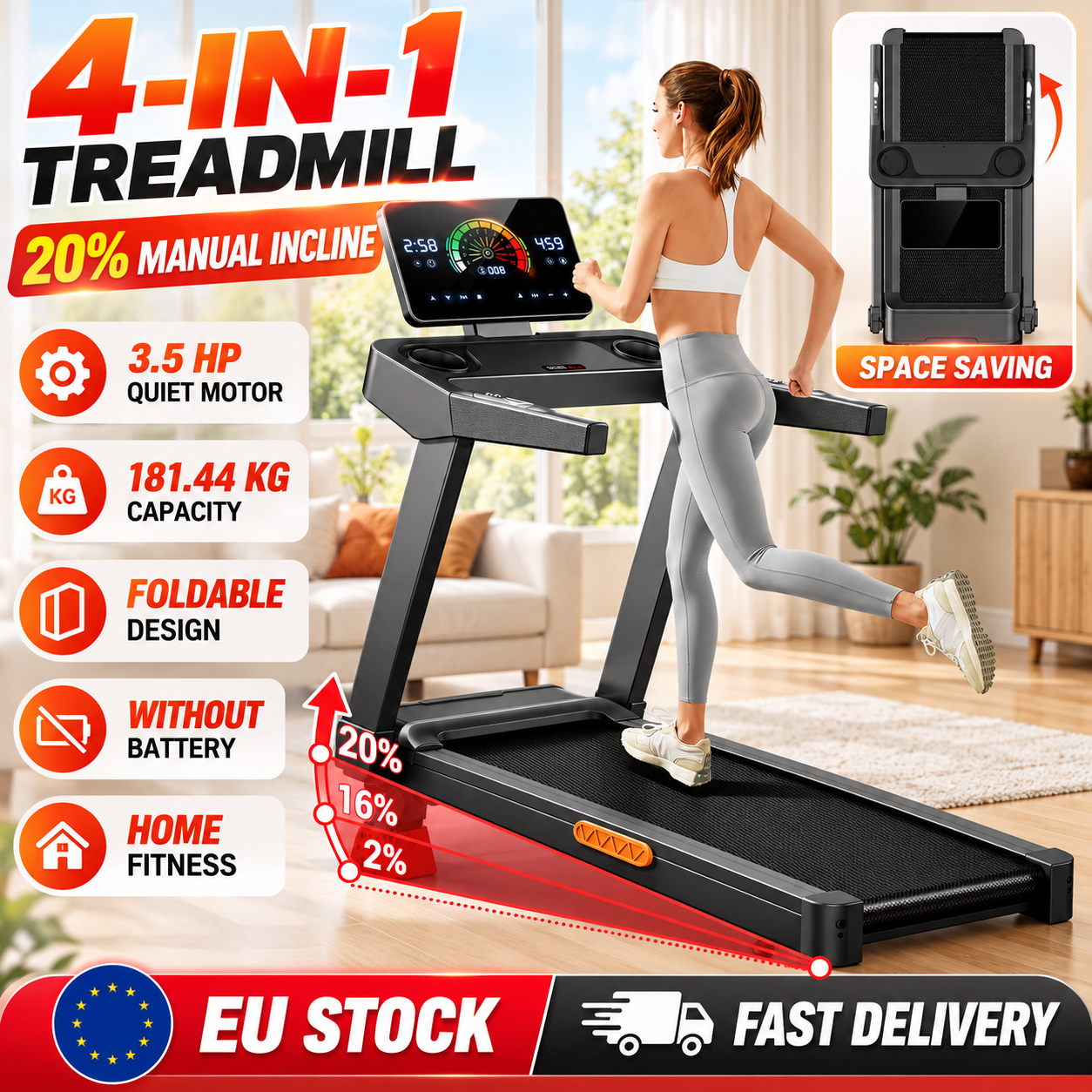 Sinaopus 4-in-1 Home Treadmill with 20% Manual Incline, Quiet, Foldable, 3.5Hp, 400lb Weight Capacity, Space-Saving Fitness Machine, No Battery
