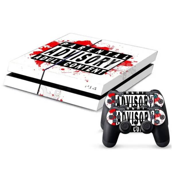 PS4 skin til konsol og to controllere. Parental Advisory.