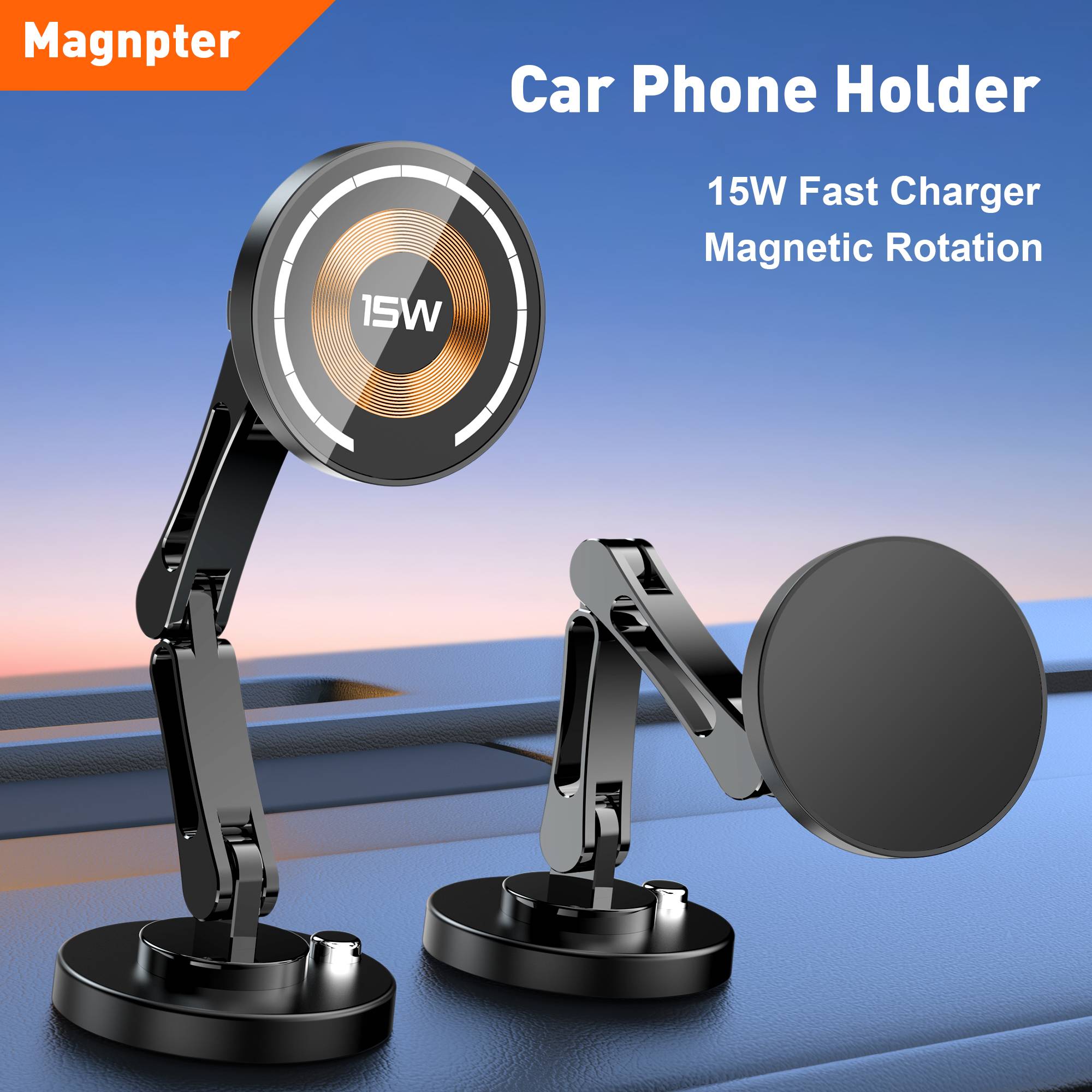Magnetic Car Phone Holder Wireless Charger Rotation Holder Fast Charging for iPhone 16/15/14/13 Samsung Magsafe Car Phone Stand