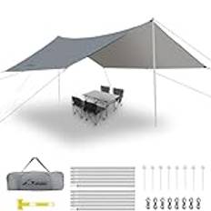 WADEO Campingtält Presenning Vattentät Anti-UV, 3,6 x 4,8 m Campingpresenning med stolpar + tältpinnar + kardborreband, Campingtält Tarp Ultralight, Perfekt för Camping Vandring Picknick Utomhus - Grå