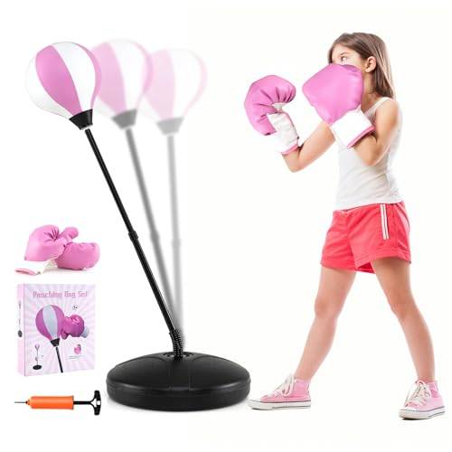 COSTWAY Punchingboll 81–123 cm, höjdjusterbar, barnboxningsset fristående, boxningssäckset, boxningshandskar och handpump, stående boxningssäck för barn och ungdomar (rosa)