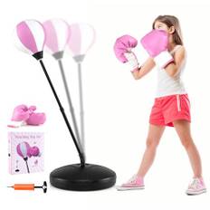 COSTWAY Punchingboll 81–123 cm, höjdjusterbar, barnboxningsset fristående, boxningssäckset, boxningshandskar och handpump, stående boxningssäck för barn och ungdomar (rosa)