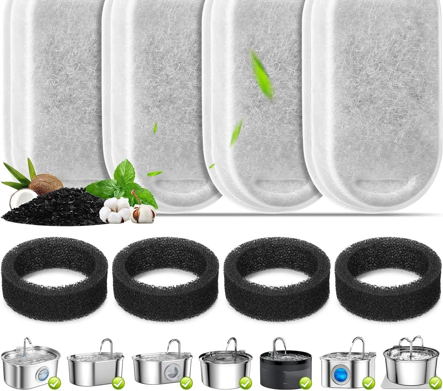 Replacement Filters and Sponges for Pet Water Fountains - Compatible with 2L and 3.2L Models - 4 Filters 4 Sponge / OPP Packaging (OPP Packaging)