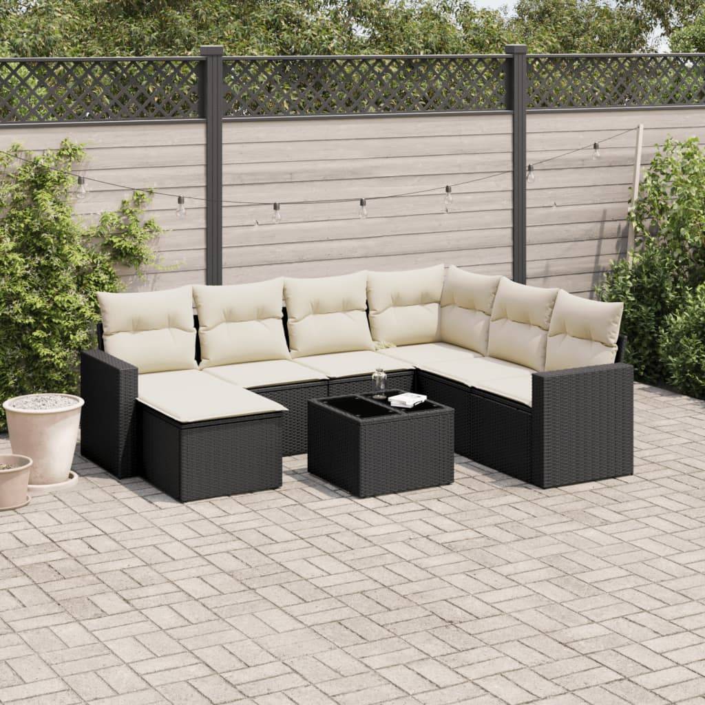 Sofasæt Til Haven 7 Dele Med Hynder Polyrattan - Sort og cremefarvet / Med bord