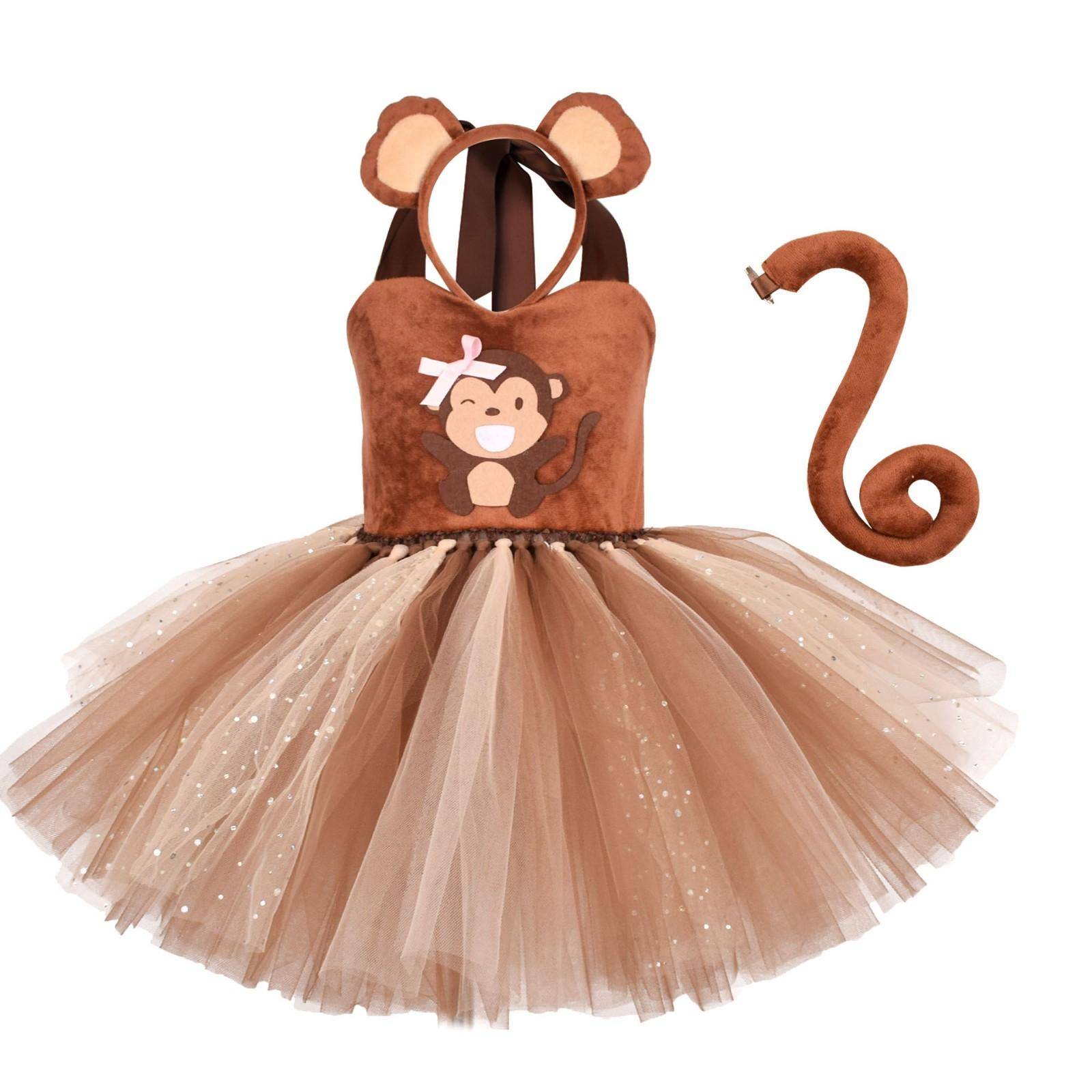 Barn Flicka Apa Kostym Småbarn Halloween Cosplay Djungel Djurrollspel Pösig klänning Öron Pannband Svans Födelsedagsfest Karneval Fancy cm brown
