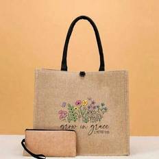 2-delars set: Återanvändbar tygkasse med blommönster och myntväska "Grow In Grace" - Lätt shoppingkasse - Kaki