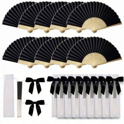3-60 st/set elegant hopfällbar handfläktset, inkluderar fluga och presentpåse, brudens bambu handfläkt, lämplig som brudtärnepresent och bröllopsdekor - Svart (Multi-size)