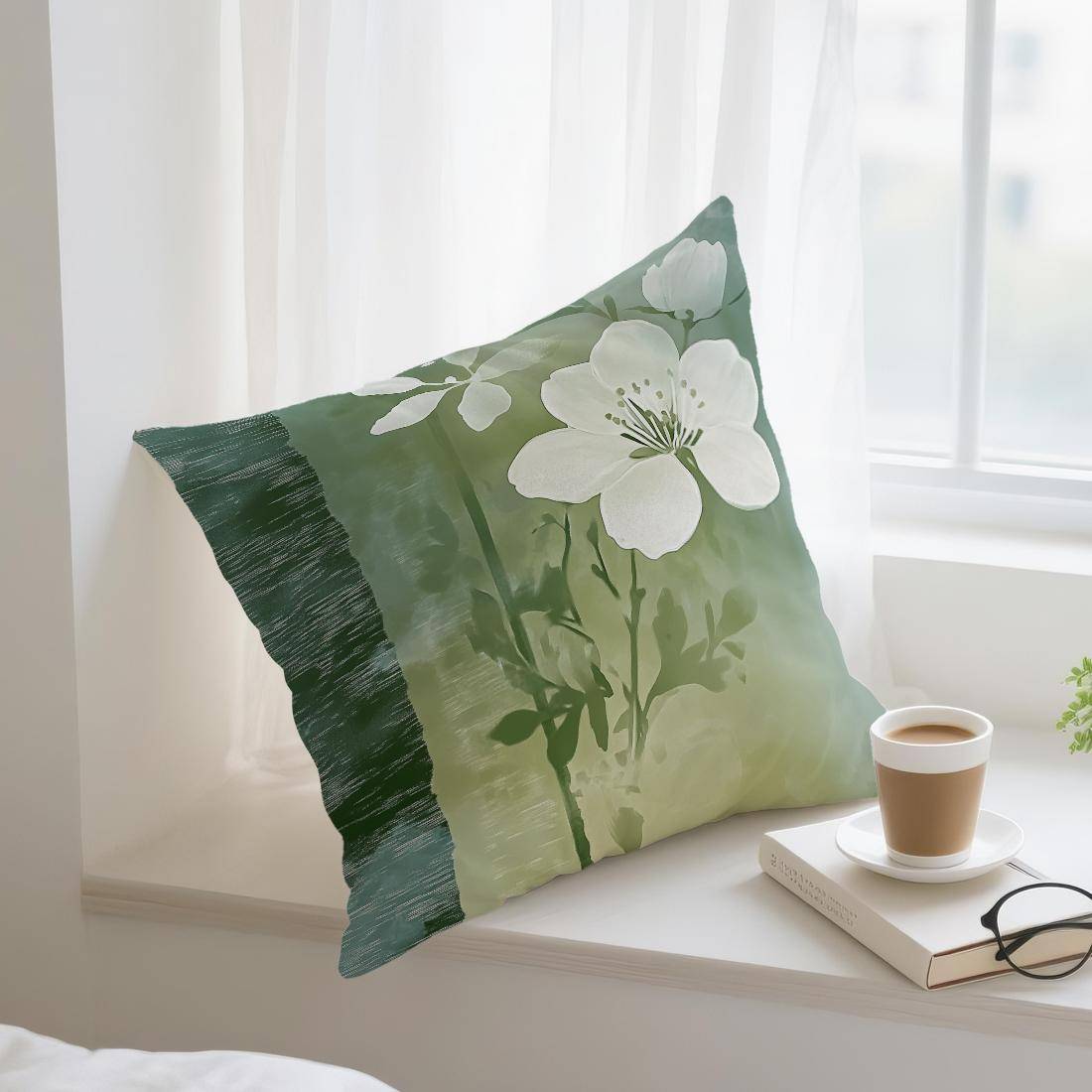 Vita gröna blommor växter Kuddar Kuddfodral Polyester Kuddfodral Prydnadskudde Soffa Dekoration Kuddfodral Hem Bil Dekor