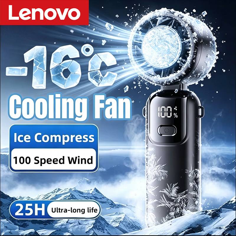 Lenovo Ice Cooling Handheld Fan 100 Speeds Turbo USB Desk Fan Foldable/Hangable Mini Portable Ice Compress Outdoor Fast Chill
