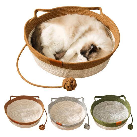 Vävd Rep Kattkorg Handvävd Kattsäng Interaktiv Kattklösmatta med Lekboll för Innekatt Kanin Valpar khaki