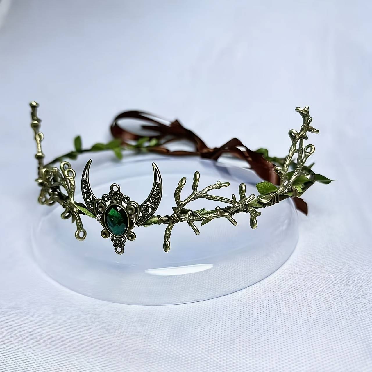 TEMU Forest-style Moon Antler , Vintage Emerald Elf Headpiece, Elf-style Tiara, Halloween Cosplay Accessory, Wedding Attire