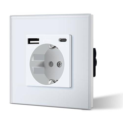 BSEED Schuko uttag, glas, vit ram, 3-i-1, infälld 16 A, uttag, 1 väg med 2,1 A USB-laddningseffekt och typ C-adapter, laddningsstation, enkel installation, 3-tråds krävs, vit