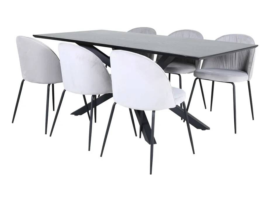 Venture Design Piazza & Wrinkles spisegruppe Grå/sort 6 stole og borde 180 x 90 cm