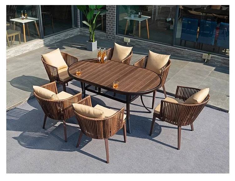 Outdoor rattan furniture balcony rattan chair anti-corrosion plastic wood casual dining table and chair garden - 160cm 7pcs A