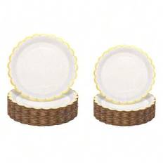 10 st vita och guldfärgade papperstallrikar, 18 cm/23 cm elfenbensfärgade vågiga papperstallrikar med guldfolie, engångsset med vita papperstallrikar, - Multifärgad (Multi-size)