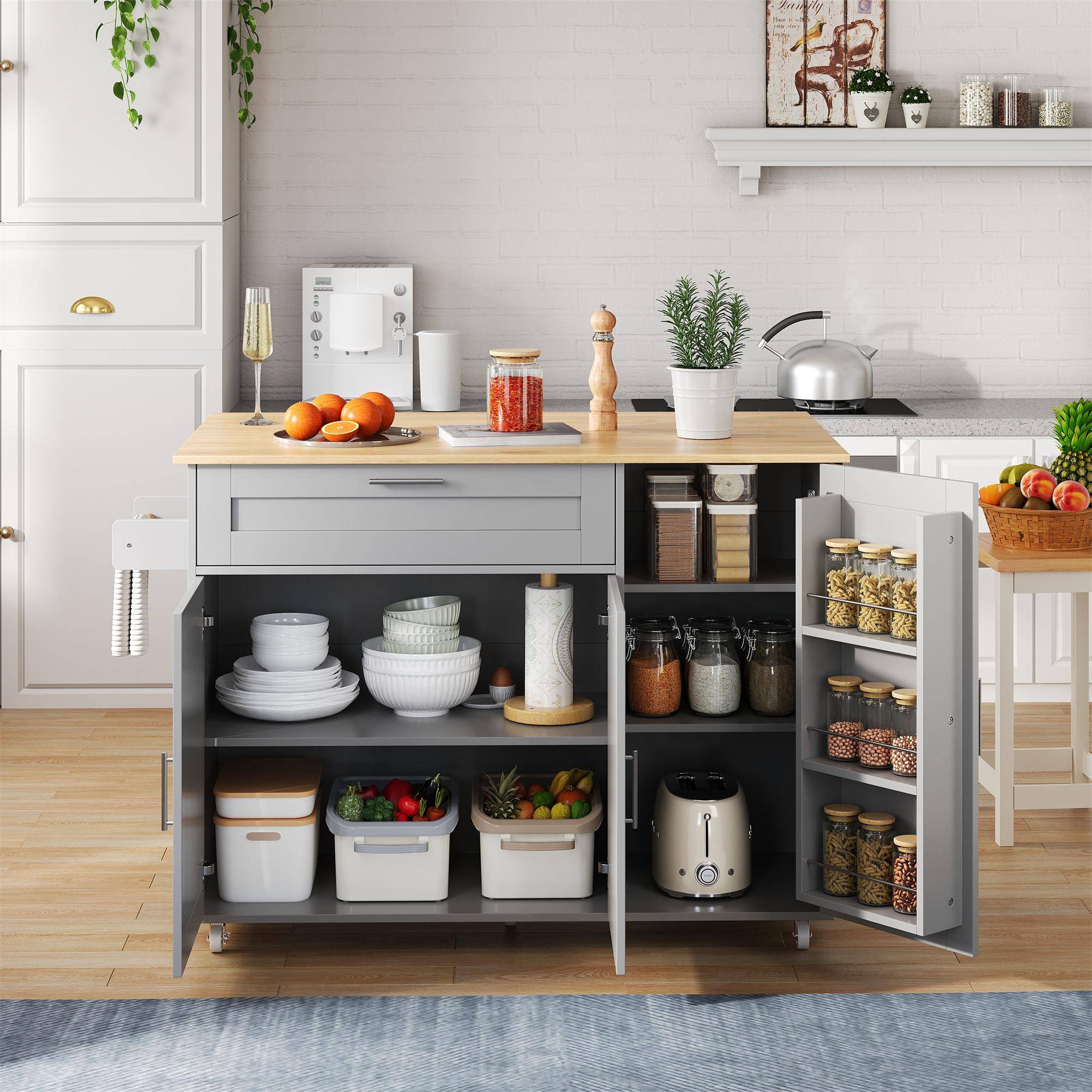Versatile Kitchen Island with Foldable Worktop, Adjustable Shelves, Multifunctional Cabinet for Dining Areas, 132.5L x 44W x 90H cm, Gray Aosom UK