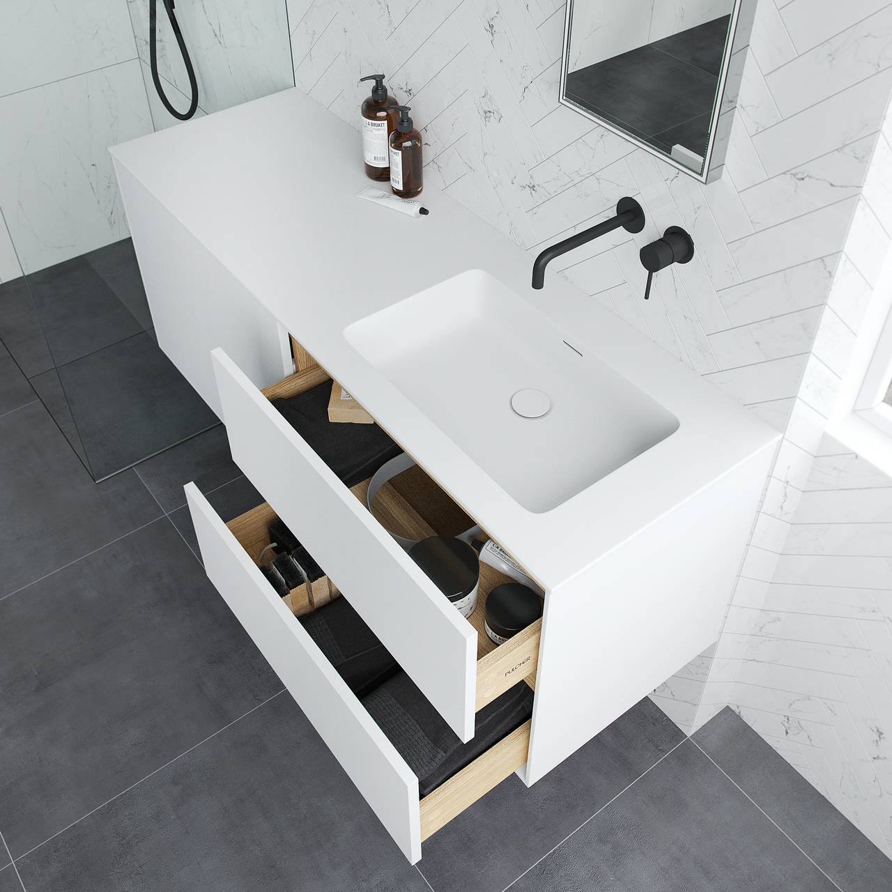 Pulcher Mood 140R Soho - Badrumsmöbel 140x46 cm, mattvit med SolidTec® handfat
