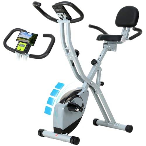 ISE 2-i-1 hopfällbar motionscykel, cykellägenhet konditionsträning, 8 nivåer, magnetiskt motstånd, multifunktionsskärm, cykel cykel med justerbart ryggstöd/justerbar höjd, Bluetooth, ergonomisk