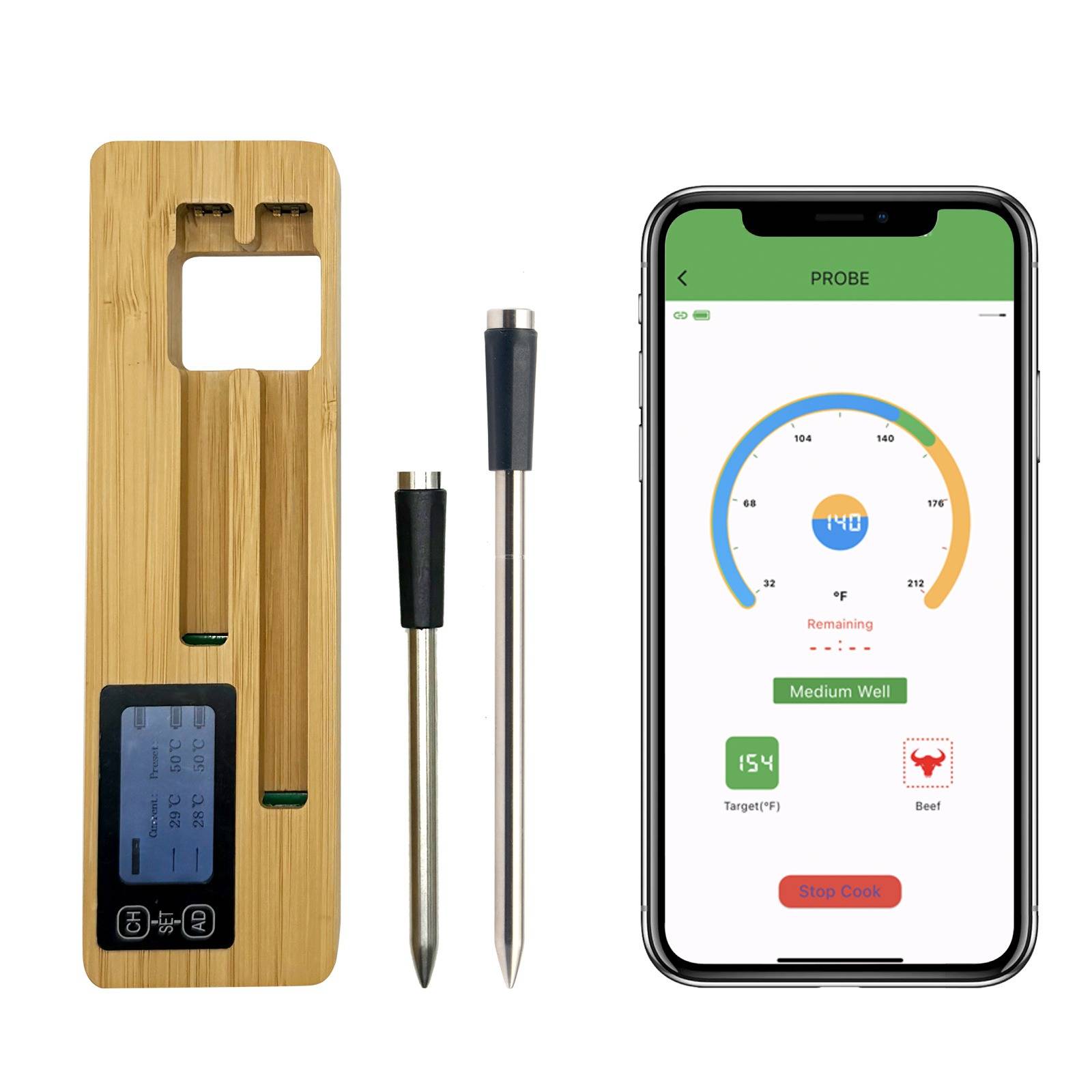 Wireless Meat Thermometer, Dual Probes Long Range Bluetooth Smart Digital Display BBQ Meater Thermometer for Grill Oven Smoker